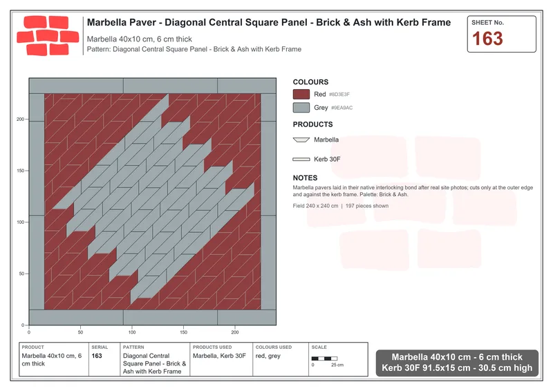 Interlock (Pasco) 40x10 cm · MAR-163 · Diagonal Central Square Panel - Brick & Ash with Kerb Frame · Laying plan Interlock (Pasco) 40x10 cm · MAR-163 · Diagonal Central Square Panel - Brick & Ash with Kerb Frame · Laying plan
