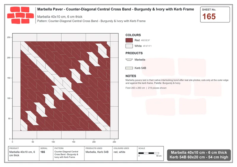 Interlock (Pasco) 40x10 cm · MAR-165 · Counter-Diagonal Central Cross Band - Burgundy & Ivory with Kerb Frame · Laying plan Interlock (Pasco) 40x10 cm · MAR-165 · Counter-Diagonal Central Cross Band - Burgundy & Ivory with Kerb Frame · Laying plan