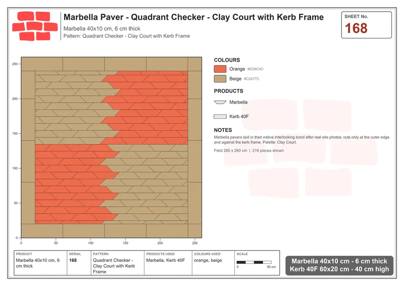 Interlock (Pasco) 40x10 cm · MAR-168 · Quadrant Checker - Clay Court with Kerb Frame · Laying plan Interlock (Pasco) 40x10 cm · MAR-168 · Quadrant Checker - Clay Court with Kerb Frame · Laying plan