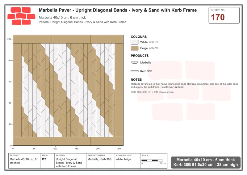 Interlock (Pasco) 40x10 cm · MAR-170 · Upright Diagonal Bands - Ivory & Sand with Kerb Frame · Laying plan Interlock (Pasco) 40x10 cm · MAR-170 · Upright Diagonal Bands - Ivory & Sand with Kerb Frame · Laying plan