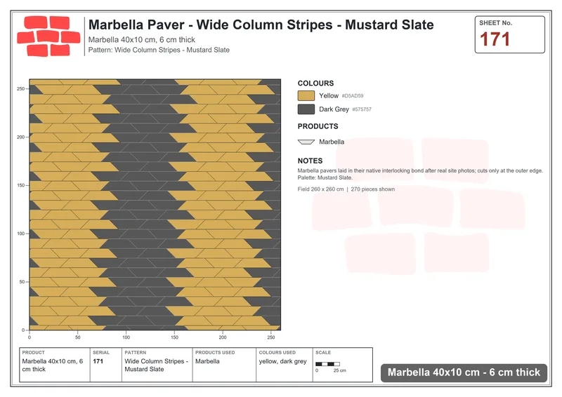 Interlock (Pasco) 40x10 cm · MAR-171 · Wide Column Stripes - Mustard Slate · Laying plan Interlock (Pasco) 40x10 cm · MAR-171 · Wide Column Stripes - Mustard Slate · Laying plan