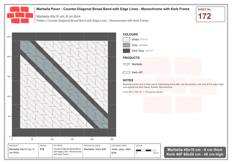 Interlock (Pasco) 40x10 cm · MAR-172 · Counter-Diagonal Broad Band with Edge Lines - Monochrome with Kerb Frame · Laying plan Interlock (Pasco) 40x10 cm · MAR-172 · Counter-Diagonal Broad Band with Edge Lines - Monochrome with Kerb Frame · Laying plan