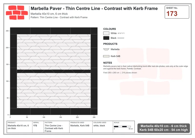 Interlock (Pasco) 40x10 cm · MAR-173 · Thin Centre Line - Contrast with Kerb Frame · Laying plan Interlock (Pasco) 40x10 cm · MAR-173 · Thin Centre Line - Contrast with Kerb Frame · Laying plan