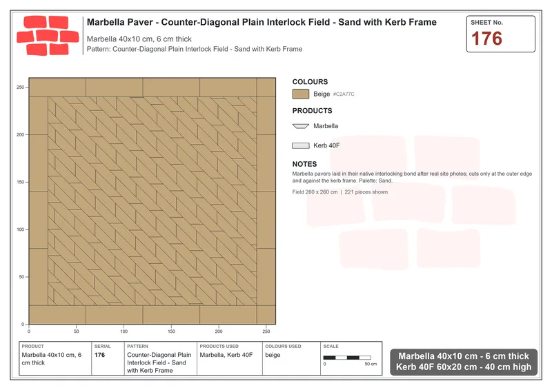Interlock (Pasco) 40x10 cm · MAR-176 · Counter-Diagonal Plain Interlock Field - Sand with Kerb Frame · Laying plan Interlock (Pasco) 40x10 cm · MAR-176 · Counter-Diagonal Plain Interlock Field - Sand with Kerb Frame · Laying plan
