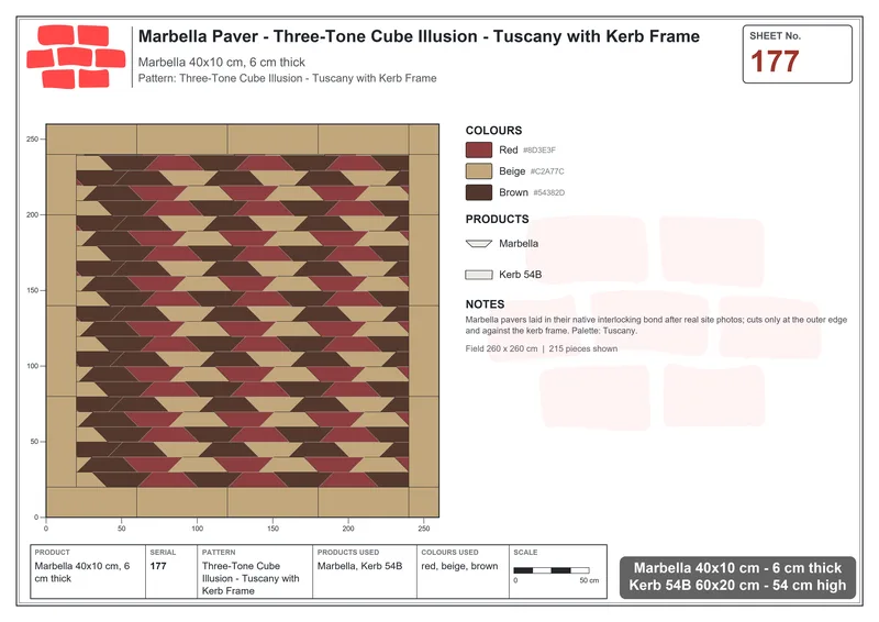 Interlock (Pasco) 40x10 cm · MAR-177 · Three-Tone Cube Illusion - Tuscany with Kerb Frame · Laying plan Interlock (Pasco) 40x10 cm · MAR-177 · Three-Tone Cube Illusion - Tuscany with Kerb Frame · Laying plan
