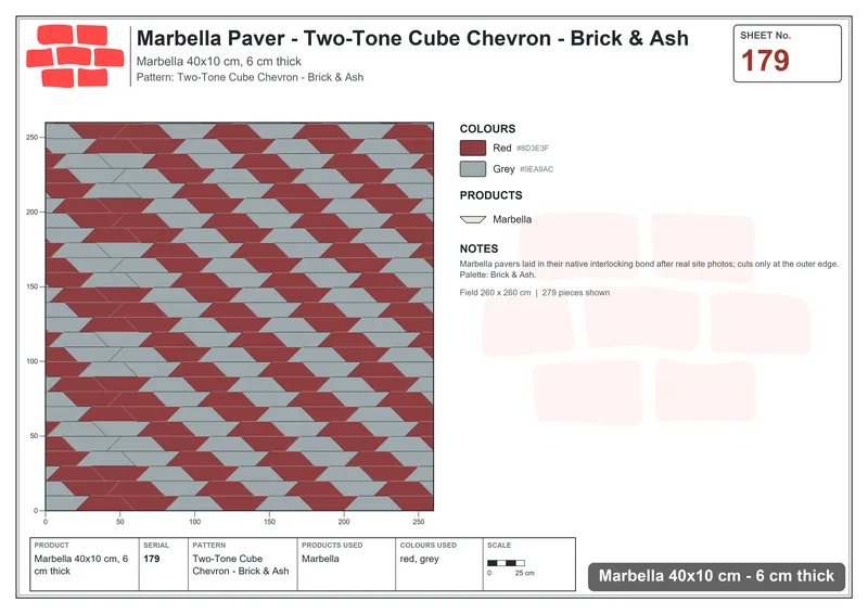 Interlock (Pasco) 40x10 cm · MAR-179 · Two-Tone Cube Chevron - Brick & Ash · Laying plan Interlock (Pasco) 40x10 cm · MAR-179 · Two-Tone Cube Chevron - Brick & Ash · Laying plan