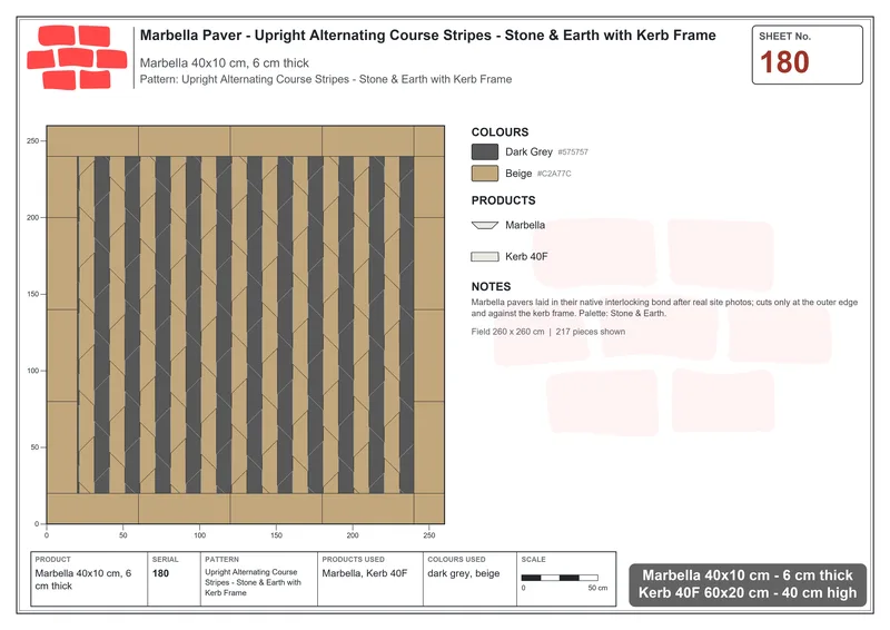 Interlock (Pasco) 40x10 cm · MAR-180 · Upright Alternating Course Stripes - Stone & Earth with Kerb Frame · Laying plan Interlock (Pasco) 40x10 cm · MAR-180 · Upright Alternating Course Stripes - Stone & Earth with Kerb Frame · Laying plan