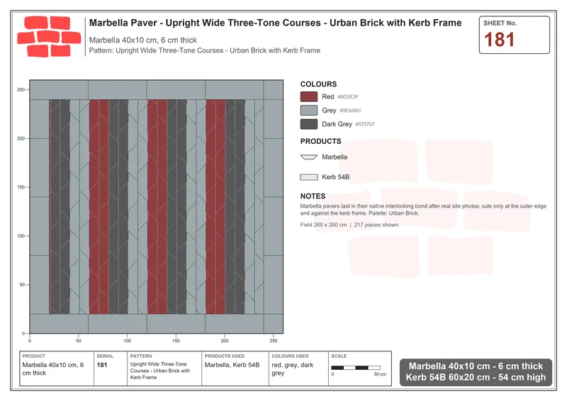 Interlock (Pasco) 40x10 cm · MAR-181 · Upright Wide Three-Tone Courses - Urban Brick with Kerb Frame · Laying plan Interlock (Pasco) 40x10 cm · MAR-181 · Upright Wide Three-Tone Courses - Urban Brick with Kerb Frame · Laying plan
