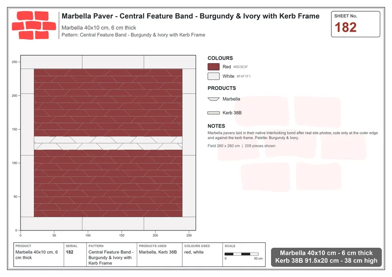 Interlock (Pasco) 40x10 cm · MAR-182 · Central Feature Band - Burgundy & Ivory with Kerb Frame · Laying plan Interlock (Pasco) 40x10 cm · MAR-182 · Central Feature Band - Burgundy & Ivory with Kerb Frame · Laying plan