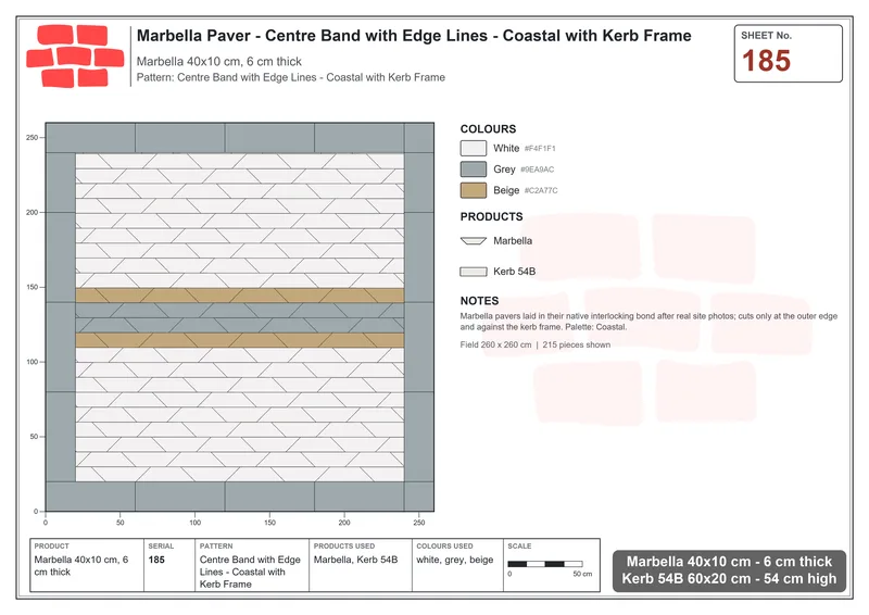 Interlock (Pasco) 40x10 cm · MAR-185 · Centre Band with Edge Lines - Coastal with Kerb Frame · Laying plan Interlock (Pasco) 40x10 cm · MAR-185 · Centre Band with Edge Lines - Coastal with Kerb Frame · Laying plan