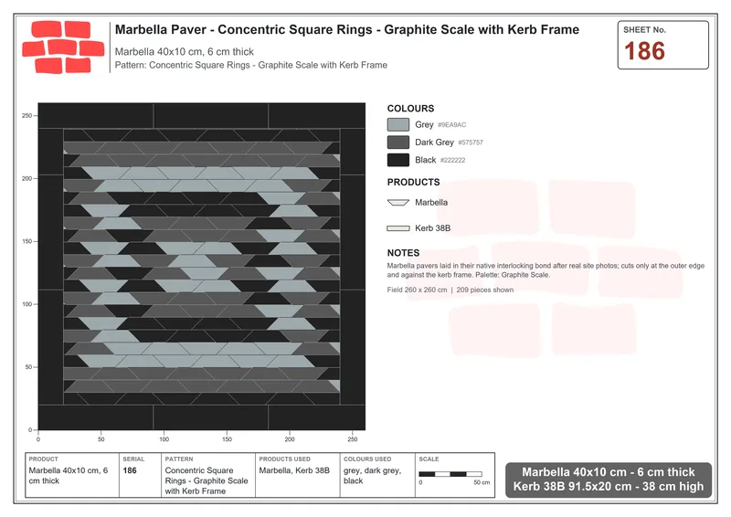 Interlock (Pasco) 40x10 cm · MAR-186 · Concentric Square Rings - Graphite Scale with Kerb Frame · Laying plan Interlock (Pasco) 40x10 cm · MAR-186 · Concentric Square Rings - Graphite Scale with Kerb Frame · Laying plan