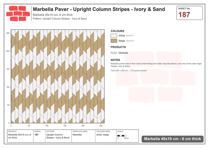 Interlock (Pasco) 40x10 cm · MAR-187 · Upright Column Stripes - Ivory & Sand · Laying plan Interlock (Pasco) 40x10 cm · MAR-187 · Upright Column Stripes - Ivory & Sand · Laying plan