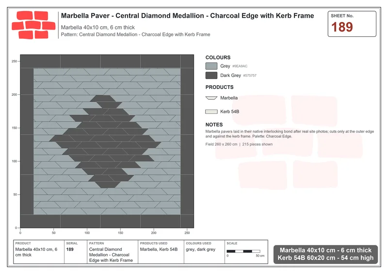Interlock (Pasco) 40x10 cm · MAR-189 · Central Diamond Medallion - Charcoal Edge with Kerb Frame · Laying plan Interlock (Pasco) 40x10 cm · MAR-189 · Central Diamond Medallion - Charcoal Edge with Kerb Frame · Laying plan