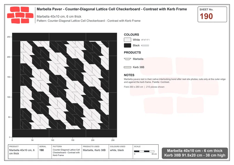Interlock (Pasco) 40x10 cm · MAR-190 · Counter-Diagonal Lattice Cell Checkerboard - Contrast with Kerb Frame · Laying plan Interlock (Pasco) 40x10 cm · MAR-190 · Counter-Diagonal Lattice Cell Checkerboard - Contrast with Kerb Frame · Laying plan