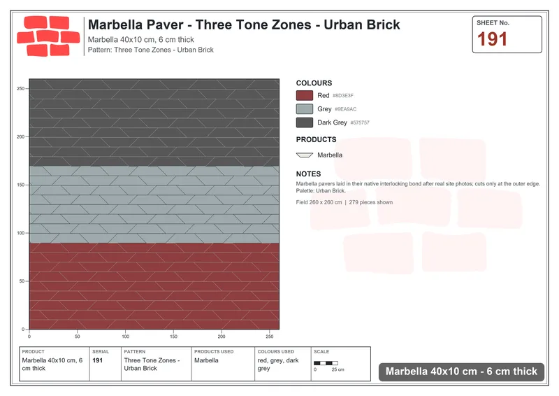 Interlock (Pasco) 40x10 cm · MAR-191 · Three Tone Zones - Urban Brick · Laying plan Interlock (Pasco) 40x10 cm · MAR-191 · Three Tone Zones - Urban Brick · Laying plan