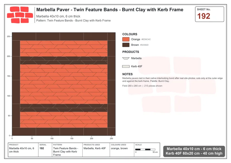 Interlock (Pasco) 40x10 cm · MAR-192 · Twin Feature Bands - Burnt Clay with Kerb Frame · Laying plan Interlock (Pasco) 40x10 cm · MAR-192 · Twin Feature Bands - Burnt Clay with Kerb Frame · Laying plan