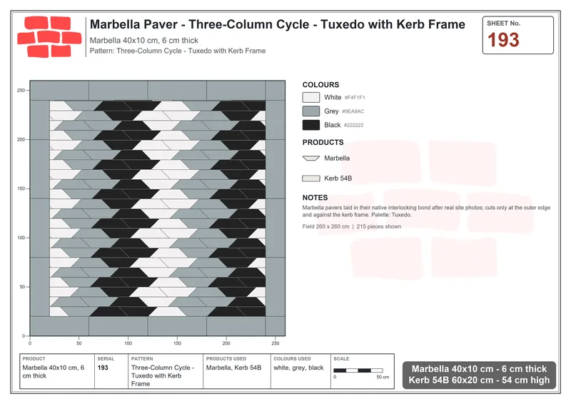 Interlock (Pasco) 40x10 cm · MAR-193 · Three-Column Cycle - Tuxedo with Kerb Frame · Laying plan Interlock (Pasco) 40x10 cm · MAR-193 · Three-Column Cycle - Tuxedo with Kerb Frame · Laying plan