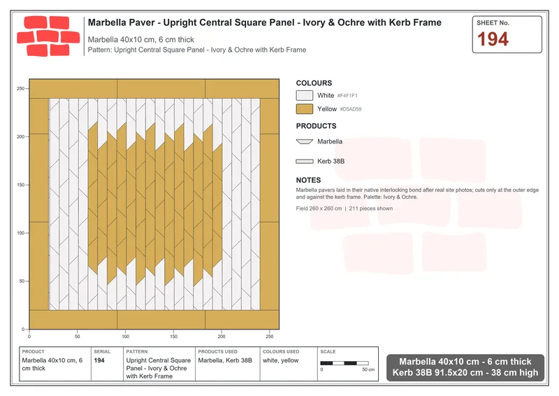 Interlock (Pasco) 40x10 cm · MAR-194 · Upright Central Square Panel - Ivory & Ochre with Kerb Frame · Laying plan Interlock (Pasco) 40x10 cm · MAR-194 · Upright Central Square Panel - Ivory & Ochre with Kerb Frame · Laying plan