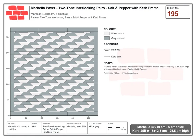 Interlock (Pasco) 40x10 cm · MAR-195 · Two-Tone Interlocking Pairs - Salt & Pepper with Kerb Frame · Laying plan Interlock (Pasco) 40x10 cm · MAR-195 · Two-Tone Interlocking Pairs - Salt & Pepper with Kerb Frame · Laying plan