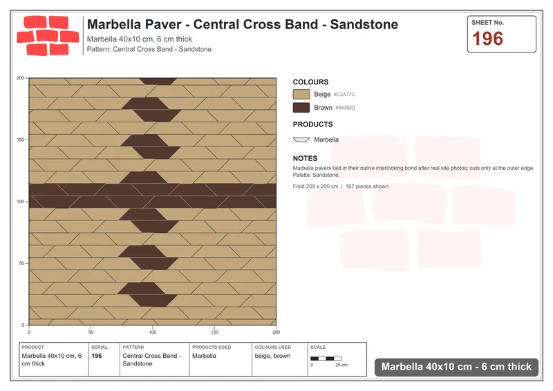 Interlock (Pasco) 40x10 cm · MAR-196 · Central Cross Band - Sandstone · Laying plan Interlock (Pasco) 40x10 cm · MAR-196 · Central Cross Band - Sandstone · Laying plan