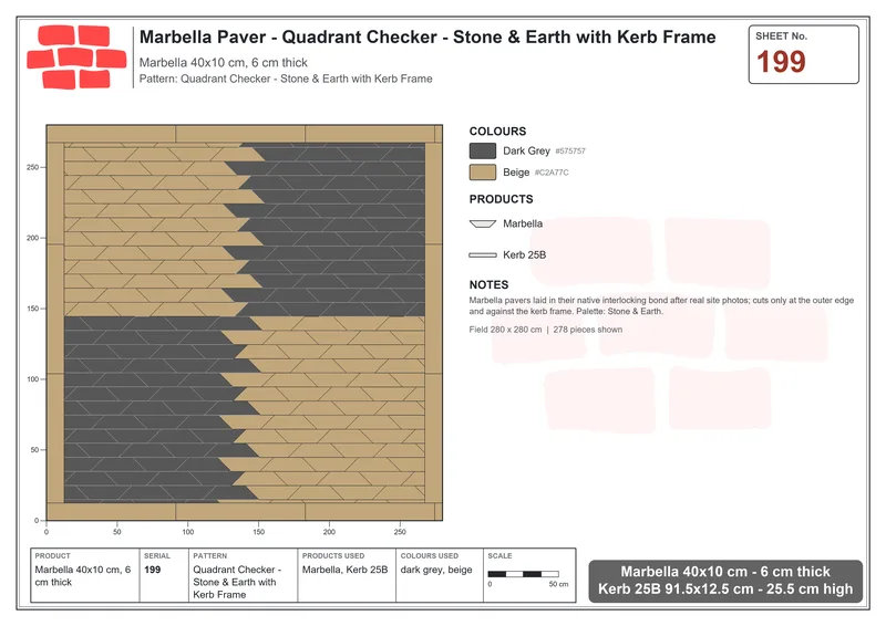 Interlock (Pasco) 40x10 cm · MAR-199 · Quadrant Checker - Stone & Earth with Kerb Frame · Laying plan Interlock (Pasco) 40x10 cm · MAR-199 · Quadrant Checker - Stone & Earth with Kerb Frame · Laying plan