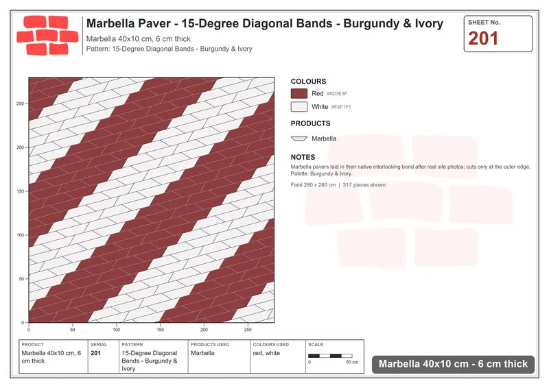 Interlock (Pasco) 40x10 cm · MAR-201 · 15-Degree Diagonal Bands - Burgundy & Ivory · Laying plan Interlock (Pasco) 40x10 cm · MAR-201 · 15-Degree Diagonal Bands - Burgundy & Ivory · Laying plan