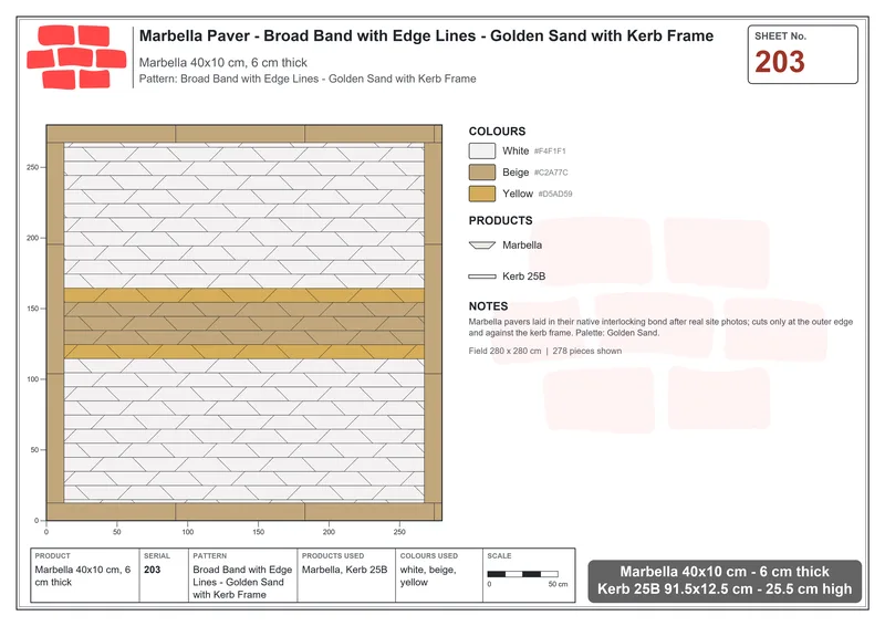 Interlock (Pasco) 40x10 cm · MAR-203 · Broad Band with Edge Lines - Golden Sand with Kerb Frame · Laying plan Interlock (Pasco) 40x10 cm · MAR-203 · Broad Band with Edge Lines - Golden Sand with Kerb Frame · Laying plan