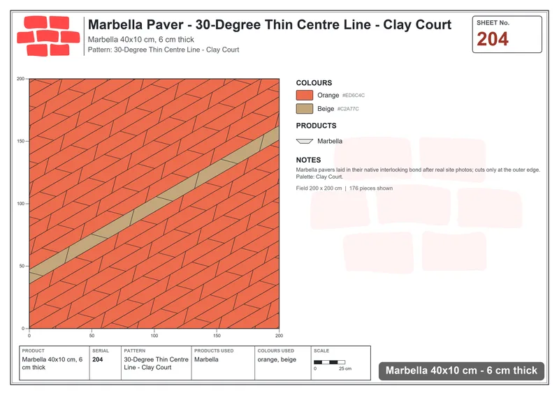 Interlock (Pasco) 40x10 cm · MAR-204 · 30-Degree Thin Centre Line - Clay Court · Laying plan Interlock (Pasco) 40x10 cm · MAR-204 · 30-Degree Thin Centre Line - Clay Court · Laying plan