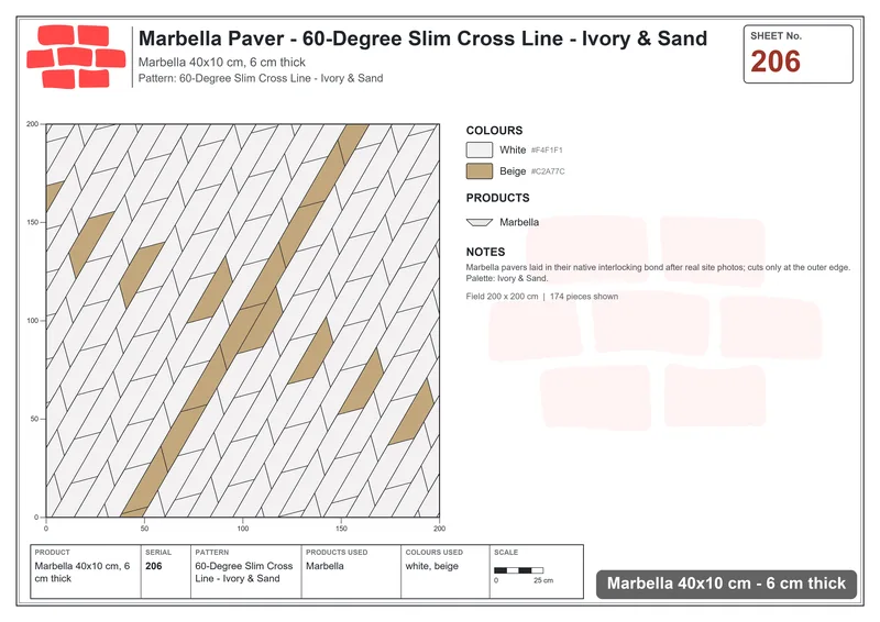 Interlock (Pasco) 40x10 cm · MAR-206 · 60-Degree Slim Cross Line - Ivory & Sand · Laying plan Interlock (Pasco) 40x10 cm · MAR-206 · 60-Degree Slim Cross Line - Ivory & Sand · Laying plan