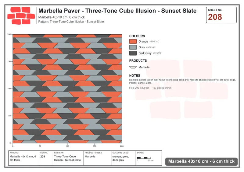 Interlock (Pasco) 40x10 cm · MAR-208 · Three-Tone Cube Illusion - Sunset Slate · Laying plan Interlock (Pasco) 40x10 cm · MAR-208 · Three-Tone Cube Illusion - Sunset Slate · Laying plan