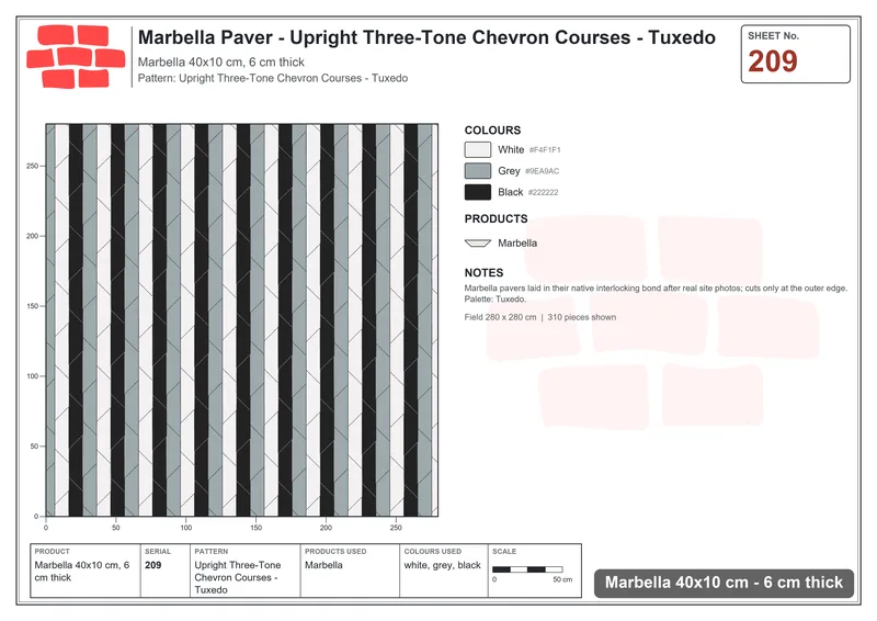 Interlock (Pasco) 40x10 cm · MAR-209 · Upright Three-Tone Chevron Courses - Tuxedo · Laying plan Interlock (Pasco) 40x10 cm · MAR-209 · Upright Three-Tone Chevron Courses - Tuxedo · Laying plan