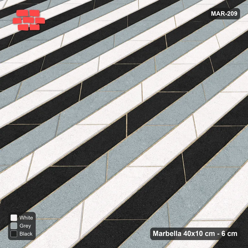 Interlock (Pasco) 40x10 cm · MAR-209 · Upright Three-Tone Chevron Courses - Tuxedo · Side view Interlock (Pasco) 40x10 cm · MAR-209 · Upright Three-Tone Chevron Courses - Tuxedo · Side view