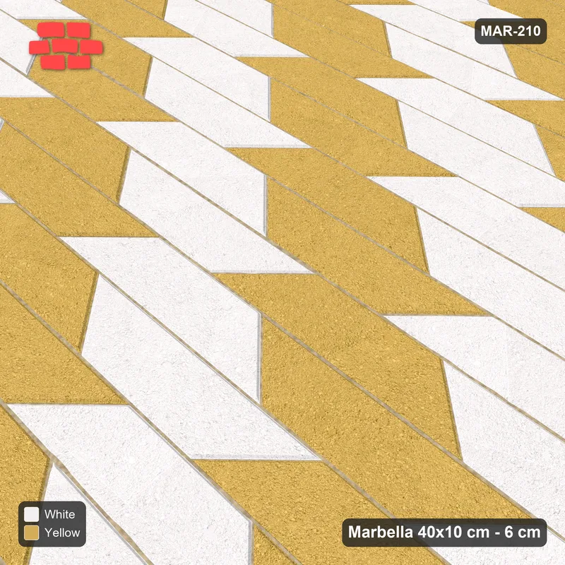 Interlock (Pasco) 40x10 cm · MAR-210 · Two-Tone Cube Chevron - Ivory & Ochre · Side view Interlock (Pasco) 40x10 cm · MAR-210 · Two-Tone Cube Chevron - Ivory & Ochre · Side view
