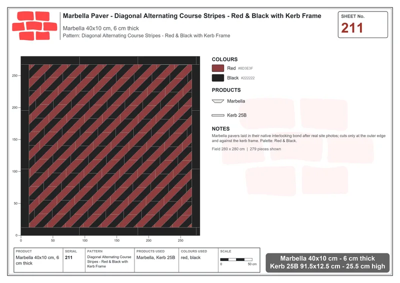 Interlock (Pasco) 40x10 cm · MAR-211 · Diagonal Alternating Course Stripes - Red & Black with Kerb Frame · Laying plan Interlock (Pasco) 40x10 cm · MAR-211 · Diagonal Alternating Course Stripes - Red & Black with Kerb Frame · Laying plan