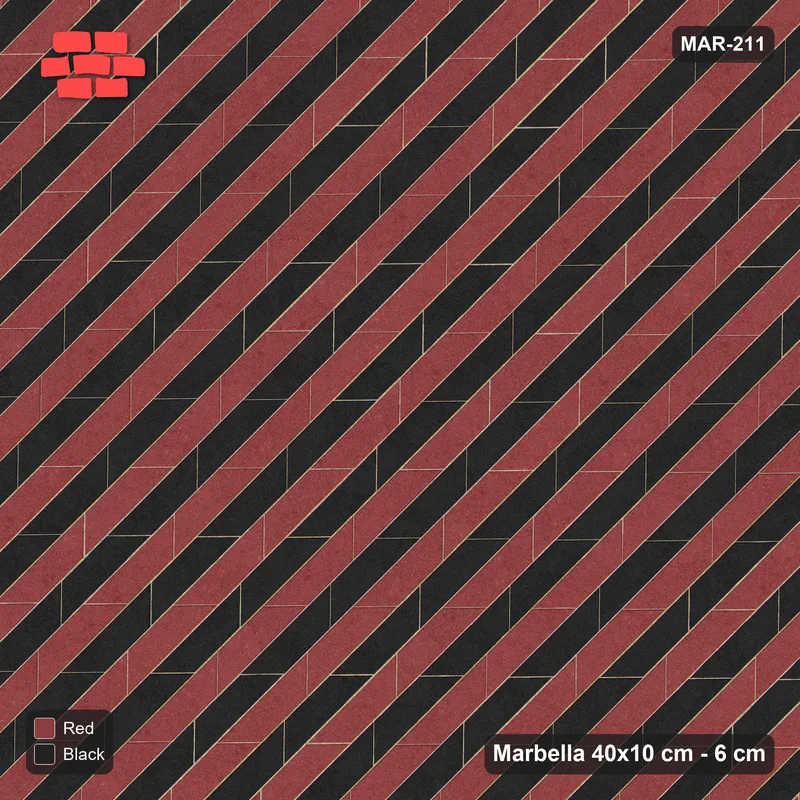 Interlock (Pasco) 40x10 cm · MAR-211 · Diagonal Alternating Course Stripes - Red & Black with Kerb Frame · Top view Interlock (Pasco) 40x10 cm · MAR-211 · Diagonal Alternating Course Stripes - Red & Black with Kerb Frame · Top view