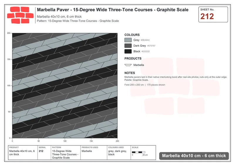 Interlock (Pasco) 40x10 cm · MAR-212 · 15-Degree Wide Three-Tone Courses - Graphite Scale · Laying plan Interlock (Pasco) 40x10 cm · MAR-212 · 15-Degree Wide Three-Tone Courses - Graphite Scale · Laying plan