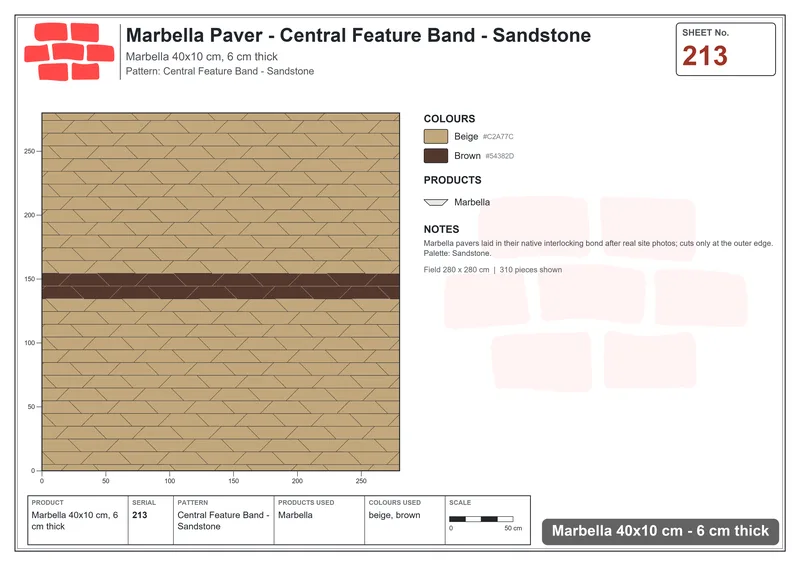 Interlock (Pasco) 40x10 cm · MAR-213 · Central Feature Band - Sandstone · Laying plan Interlock (Pasco) 40x10 cm · MAR-213 · Central Feature Band - Sandstone · Laying plan