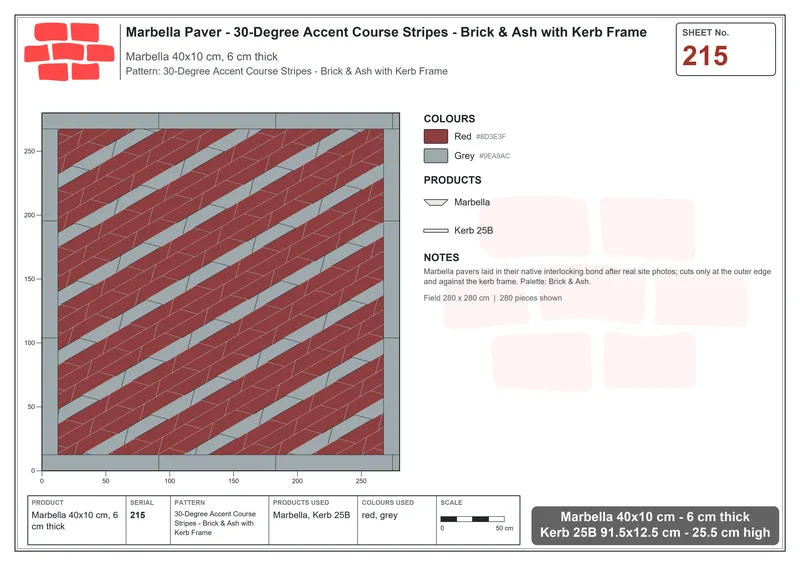 Interlock (Pasco) 40x10 cm · MAR-215 · 30-Degree Accent Course Stripes - Brick & Ash with Kerb Frame · Laying plan Interlock (Pasco) 40x10 cm · MAR-215 · 30-Degree Accent Course Stripes - Brick & Ash with Kerb Frame · Laying plan