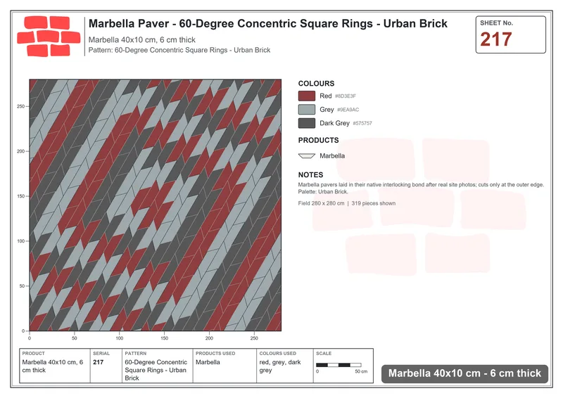 Interlock (Pasco) 40x10 cm · MAR-217 · 60-Degree Concentric Square Rings - Urban Brick · Laying plan Interlock (Pasco) 40x10 cm · MAR-217 · 60-Degree Concentric Square Rings - Urban Brick · Laying plan