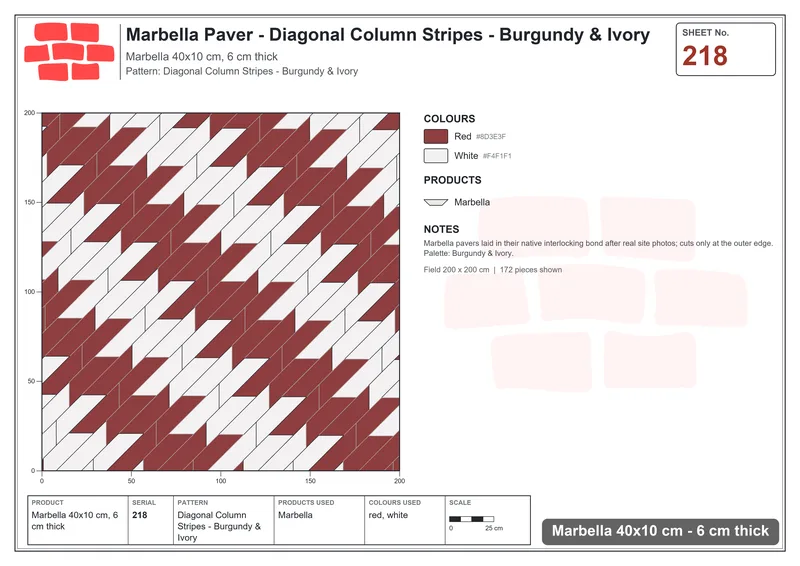 Interlock (Pasco) 40x10 cm · MAR-218 · Diagonal Column Stripes - Burgundy & Ivory · Laying plan Interlock (Pasco) 40x10 cm · MAR-218 · Diagonal Column Stripes - Burgundy & Ivory · Laying plan