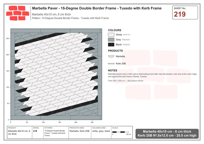 Interlock (Pasco) 40x10 cm · MAR-219 · 15-Degree Double Border Frame - Tuxedo with Kerb Frame · Laying plan Interlock (Pasco) 40x10 cm · MAR-219 · 15-Degree Double Border Frame - Tuxedo with Kerb Frame · Laying plan