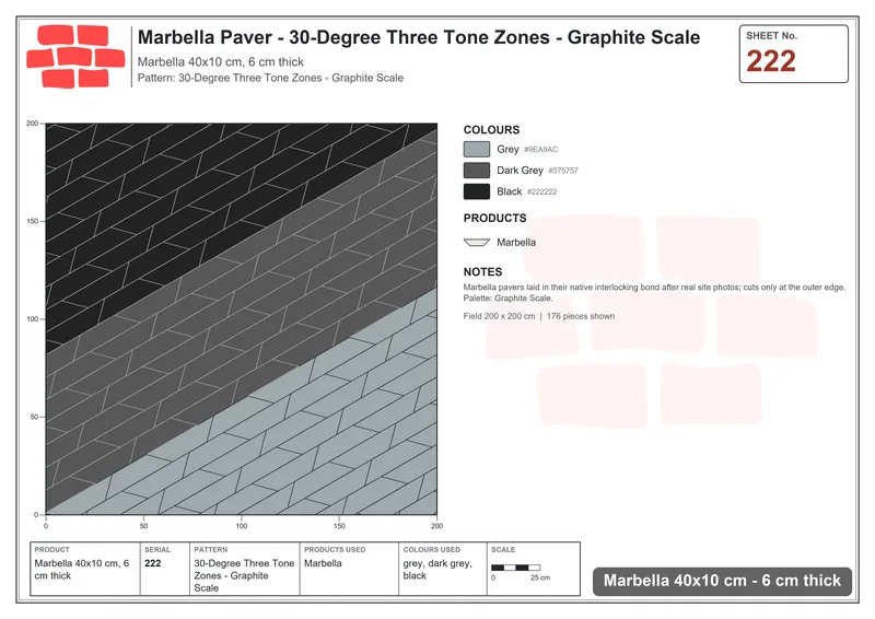 Interlock (Pasco) 40x10 cm · MAR-222 · 30-Degree Three Tone Zones - Graphite Scale · Laying plan Interlock (Pasco) 40x10 cm · MAR-222 · 30-Degree Three Tone Zones - Graphite Scale · Laying plan