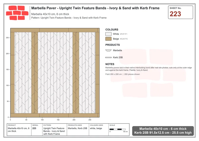 Interlock (Pasco) 40x10 cm · MAR-223 · Upright Twin Feature Bands - Ivory & Sand with Kerb Frame · Laying plan Interlock (Pasco) 40x10 cm · MAR-223 · Upright Twin Feature Bands - Ivory & Sand with Kerb Frame · Laying plan