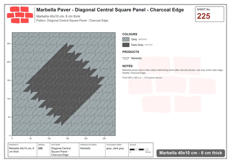 Interlock (Pasco) 40x10 cm · MAR-225 · Diagonal Central Square Panel - Charcoal Edge · Laying plan Interlock (Pasco) 40x10 cm · MAR-225 · Diagonal Central Square Panel - Charcoal Edge · Laying plan