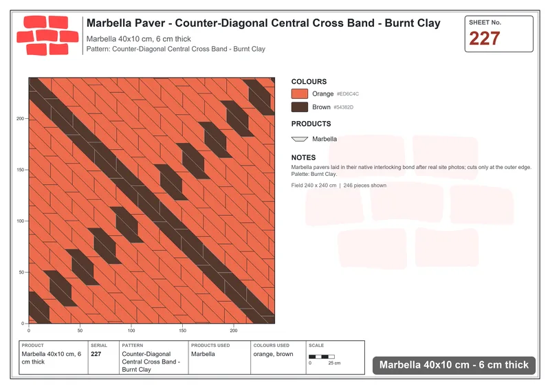 Interlock (Pasco) 40x10 cm · MAR-227 · Counter-Diagonal Central Cross Band - Burnt Clay · Laying plan Interlock (Pasco) 40x10 cm · MAR-227 · Counter-Diagonal Central Cross Band - Burnt Clay · Laying plan