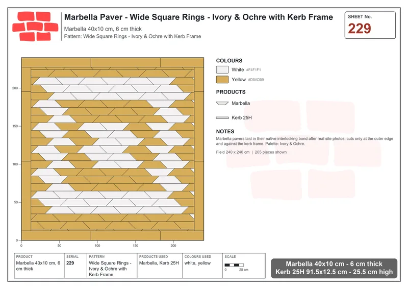 Interlock (Pasco) 40x10 cm · MAR-229 · Wide Square Rings - Ivory & Ochre with Kerb Frame · Laying plan Interlock (Pasco) 40x10 cm · MAR-229 · Wide Square Rings - Ivory & Ochre with Kerb Frame · Laying plan