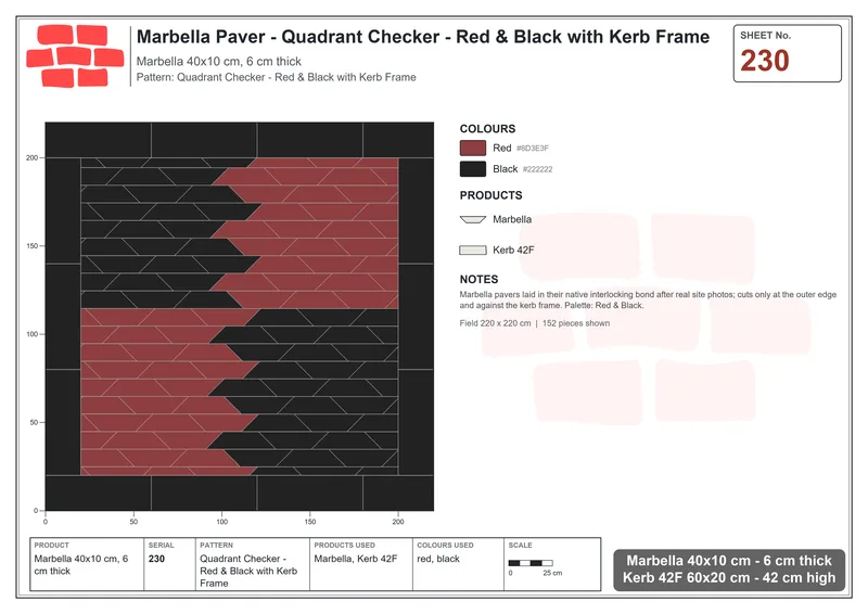 Interlock (Pasco) 40x10 cm · MAR-230 · Quadrant Checker - Red & Black with Kerb Frame · Laying plan Interlock (Pasco) 40x10 cm · MAR-230 · Quadrant Checker - Red & Black with Kerb Frame · Laying plan