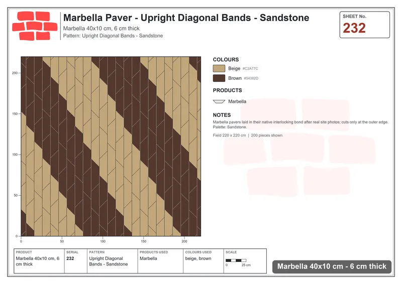 Interlock (Pasco) 40x10 cm · MAR-232 · Upright Diagonal Bands - Sandstone · Laying plan Interlock (Pasco) 40x10 cm · MAR-232 · Upright Diagonal Bands - Sandstone · Laying plan