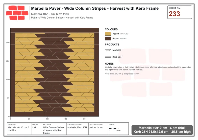Interlock (Pasco) 40x10 cm · MAR-233 · Wide Column Stripes - Harvest with Kerb Frame · Laying plan Interlock (Pasco) 40x10 cm · MAR-233 · Wide Column Stripes - Harvest with Kerb Frame · Laying plan