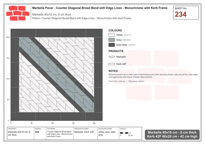 Interlock (Pasco) 40x10 cm · MAR-234 · Counter-Diagonal Broad Band with Edge Lines - Monochrome with Kerb Frame · Laying plan Interlock (Pasco) 40x10 cm · MAR-234 · Counter-Diagonal Broad Band with Edge Lines - Monochrome with Kerb Frame · Laying plan